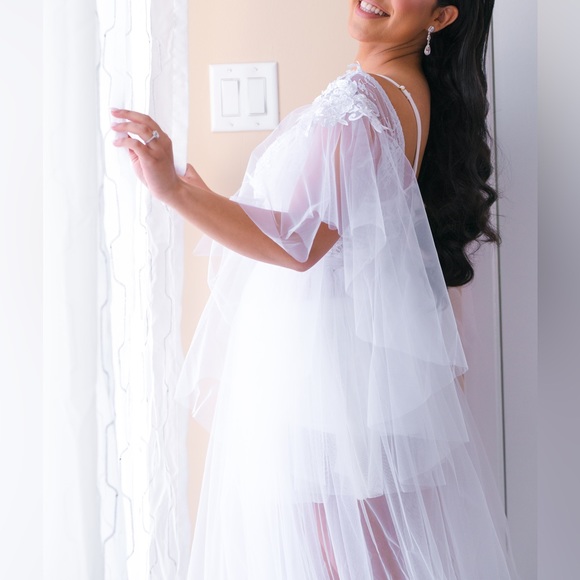 Sheer tulle lace white organza wedding bridal long morning robe boudoir dress - Picture 2 of 8